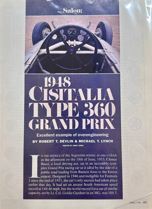 1989 Feature Article on 1948 Cistalia Type 360 Grand Prix Racer