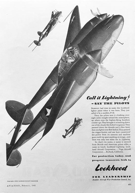 1943 Lockheed WWII Era Advertisement featuring P-38 Warbird