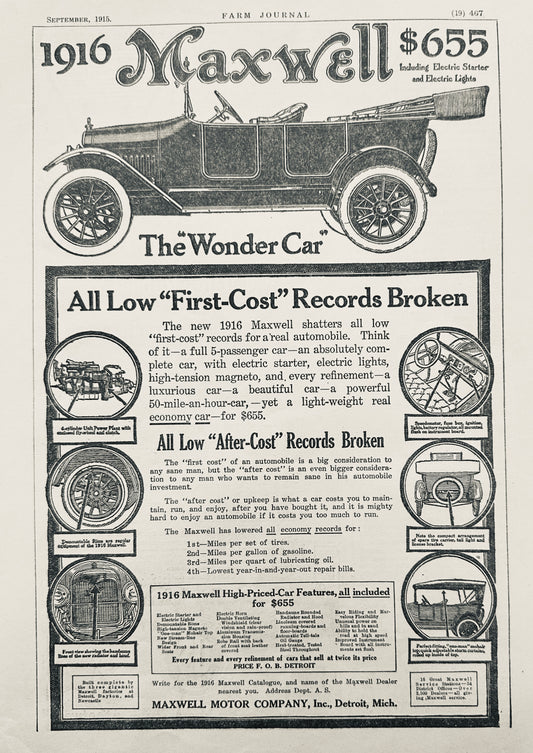 1915 Maxwell "the Wonder Car" $655 Original Advertisement #1357