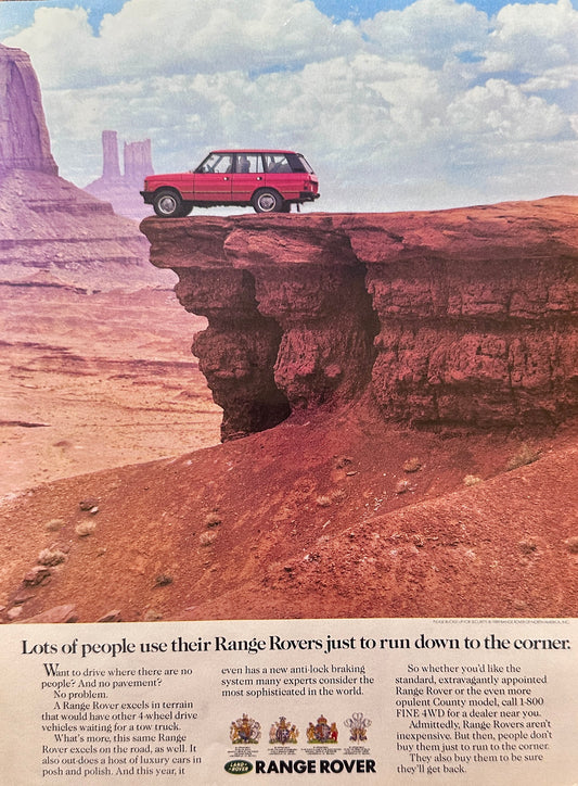 1989 Range Rover - Land Rover - Parked on Red Rock Bluff - Vintage Ad