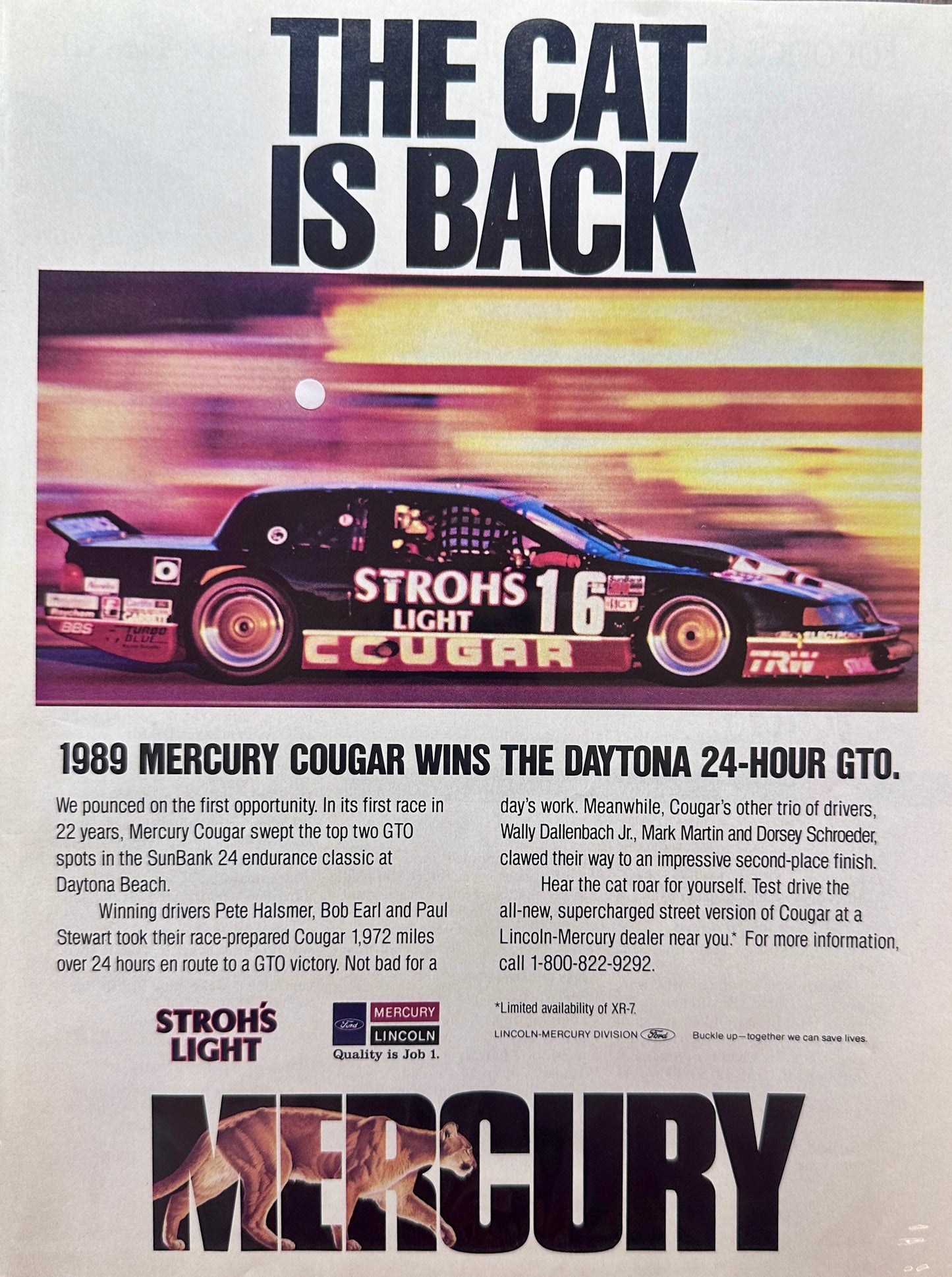 1989 Mercury Cougar Wins Daytona 24 Hr GTO Original Advertisement