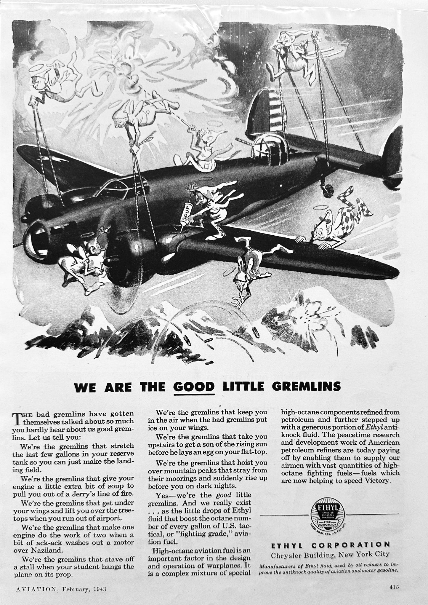 1943 Ethyl Corp - Good Gremlins & Brewster Blasters Navy Dive Bombers Ad