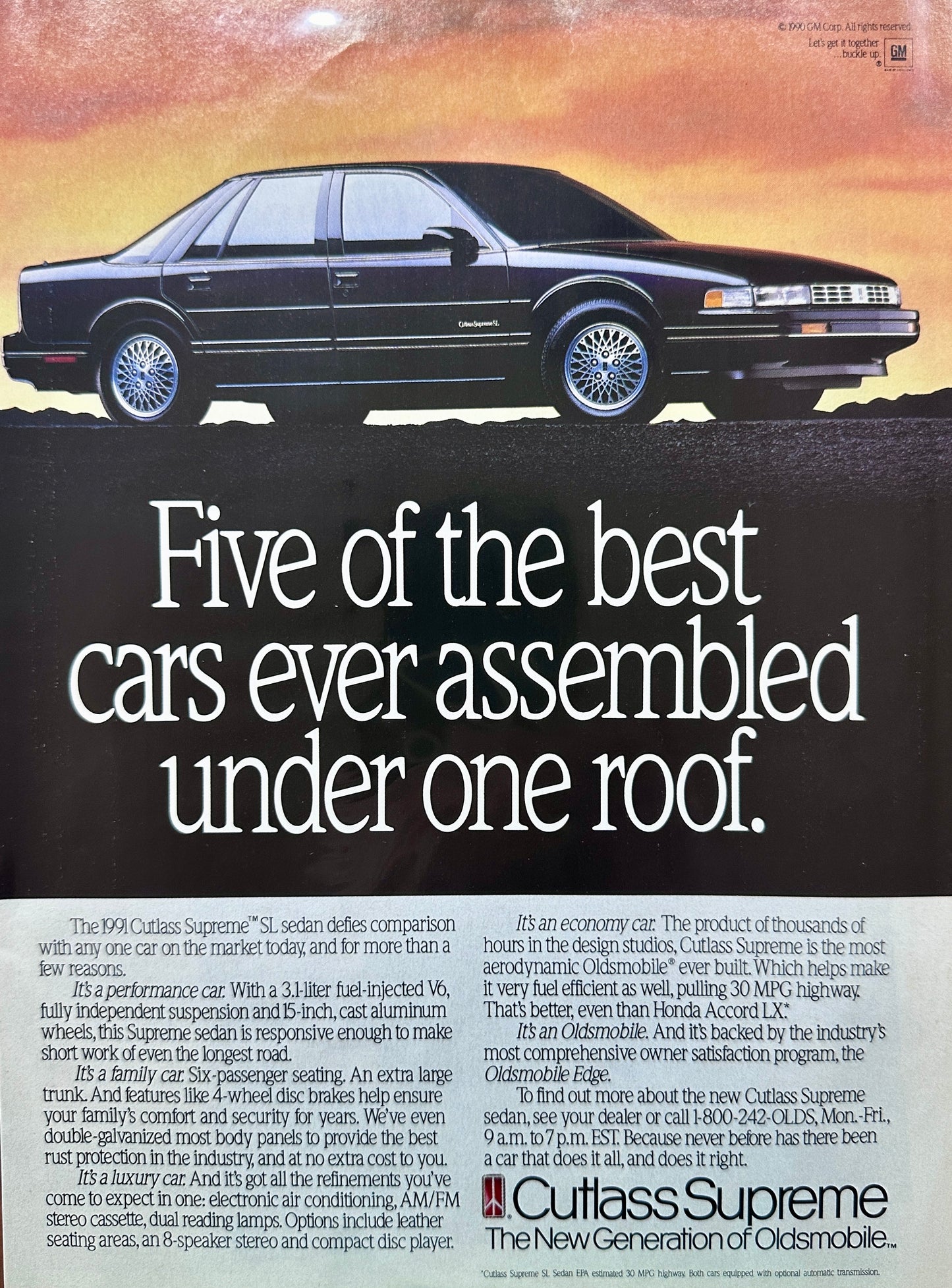 1990  1991 Oldsmobile Cutlass Supreme SL Sedan - Vintage Ad