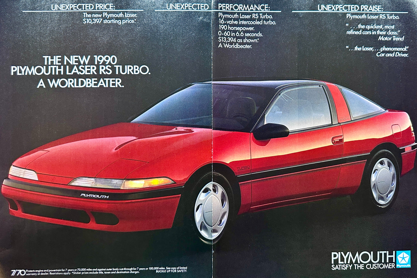 1990 2-Page Plymouth Laser RS Turbo - A Worldbeater - Original Ad