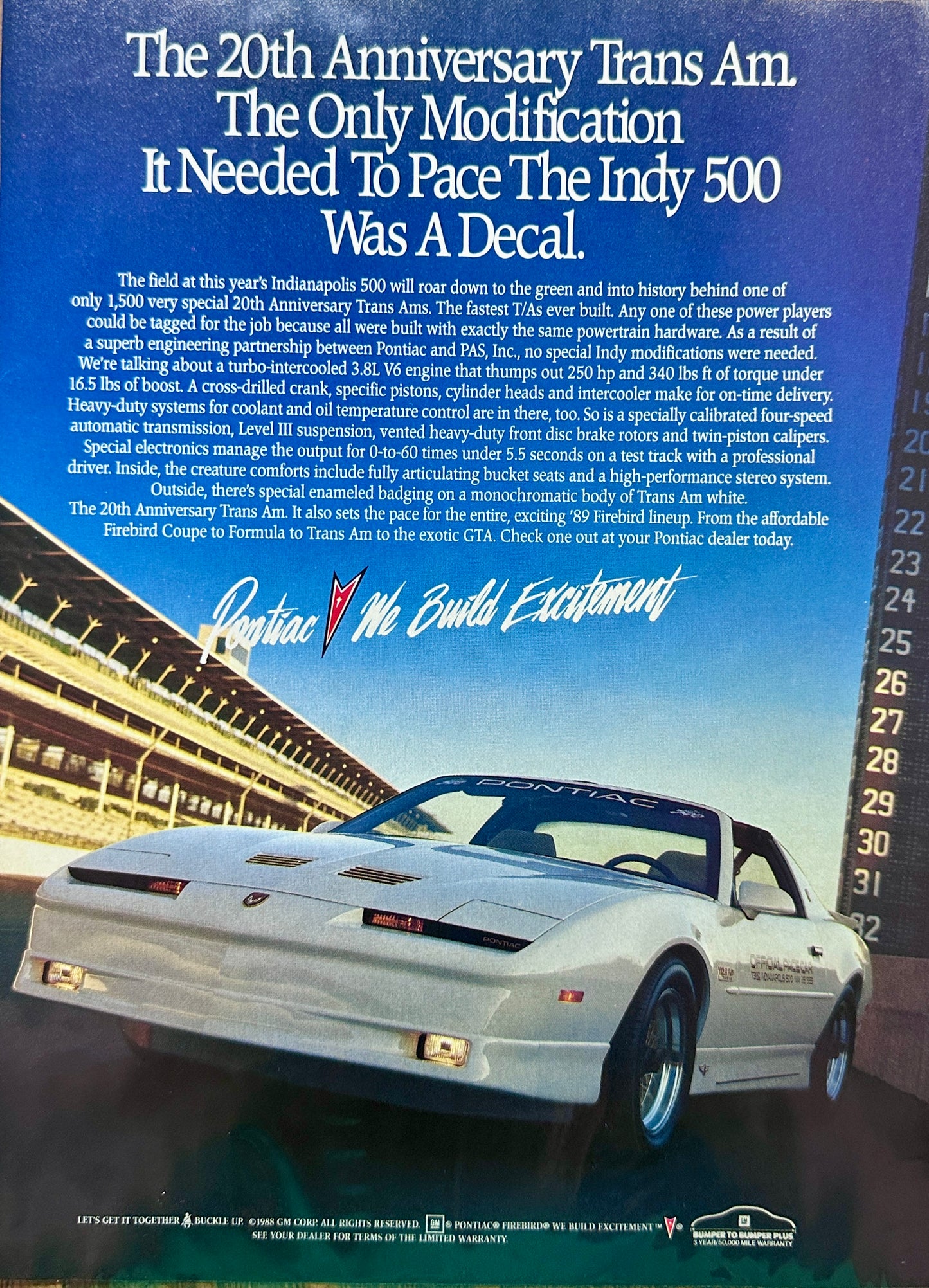 1989 20th Anniversary Pontiac Trans Am - Indy 500 Pace Car Ad