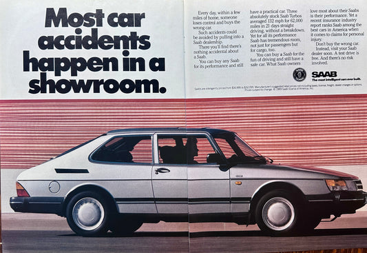 1989 2-Page Saab Turbo Most Accidents Happen in A Car Dealership Ad