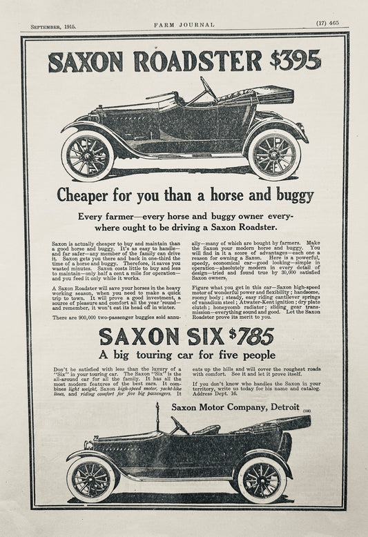 1915 Saxon Roadster - Cheaper than A Horse & Buggy - Vintage Ad