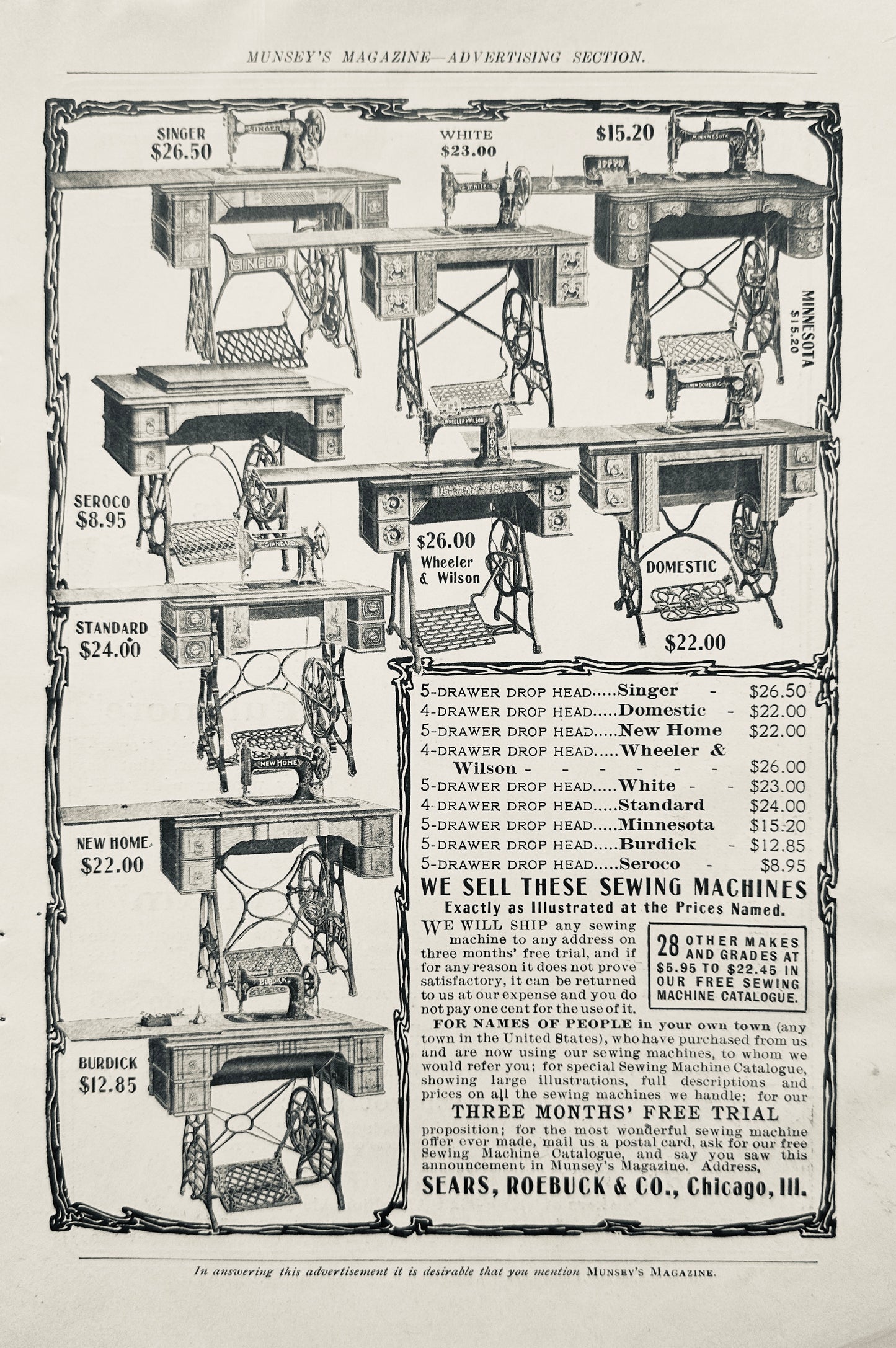 1902 Sears Sewing Machine Offerings 9 Models shown Vintage Ad