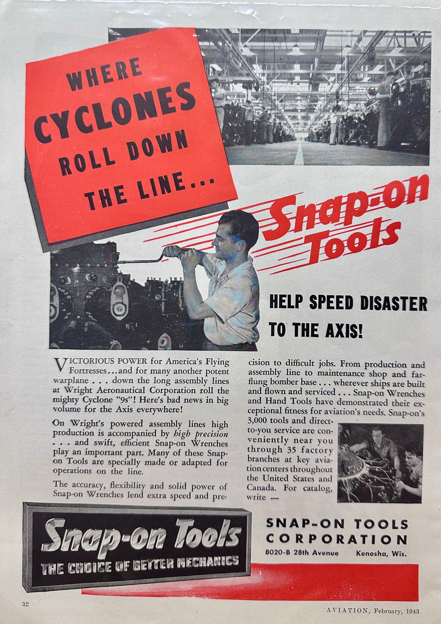 1943 Snap-On Tools - Where Cyclones Toll Down the Line - Vintage Ad