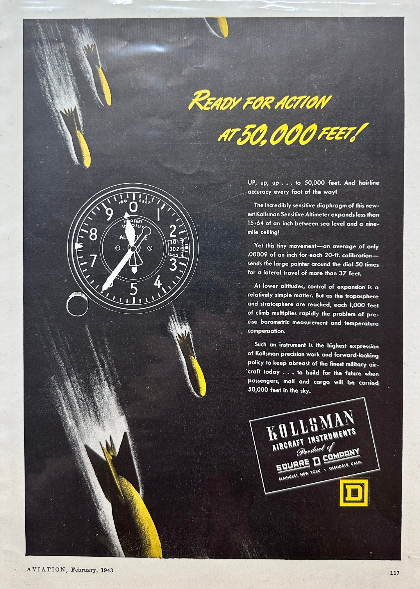 1943 Square D Kollsman Aircraft Instruments - Ready for Action at 50,000 Feet Ad