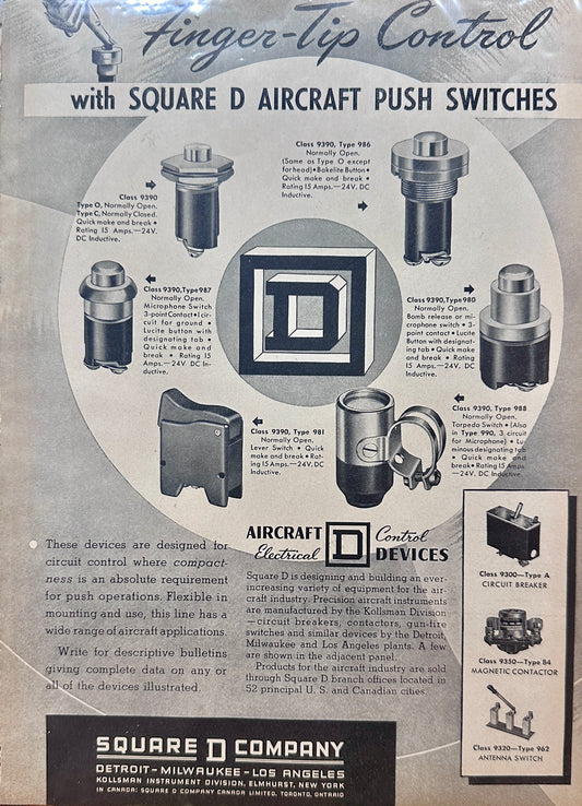 1943 Square D Aircraft Push Switches & Warner Aircraft Engines Vintage Ad