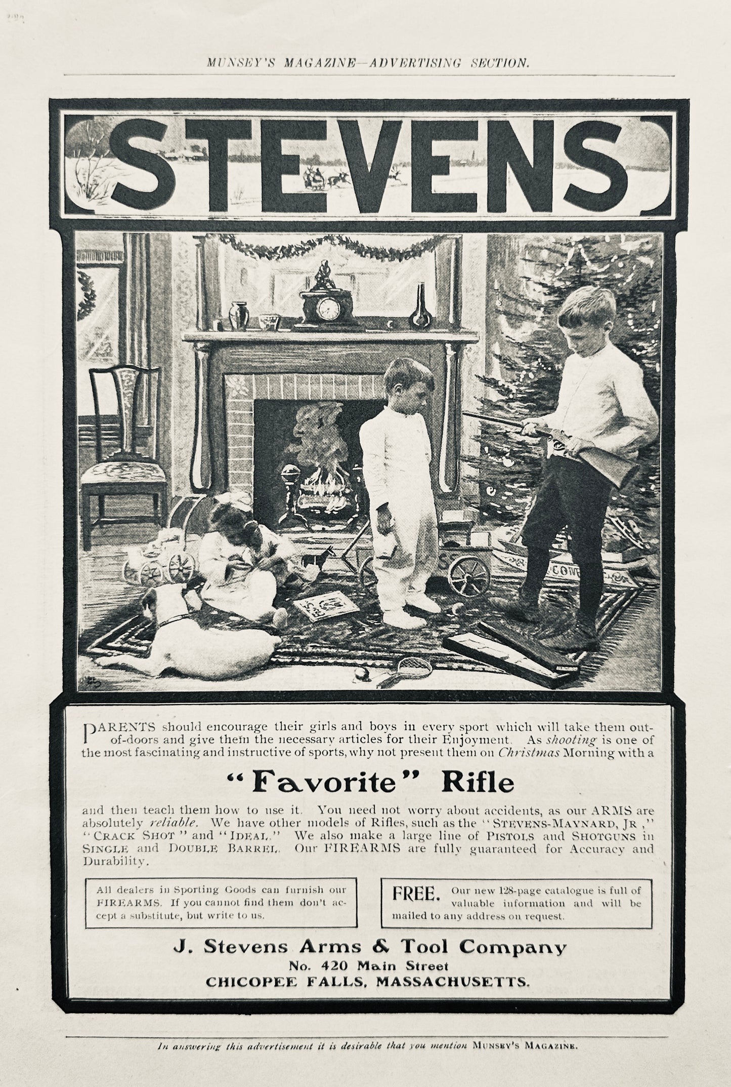 1902 Stevens "Favorite" Rifle for Christmas Day, Chicopee Falls, MA Vintage Ad