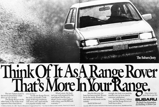 1989 Subaru Justy - A Range Rover in Your Range 2-Page Ad