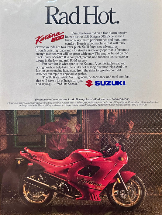 1990 Suzuki Katana 600 Motorcycle - Rad Hot! Vintage Ad