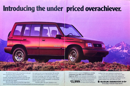 1990 Suzuki Sidekick 2-Page Magazine Ad - Underpriced Overachiever!