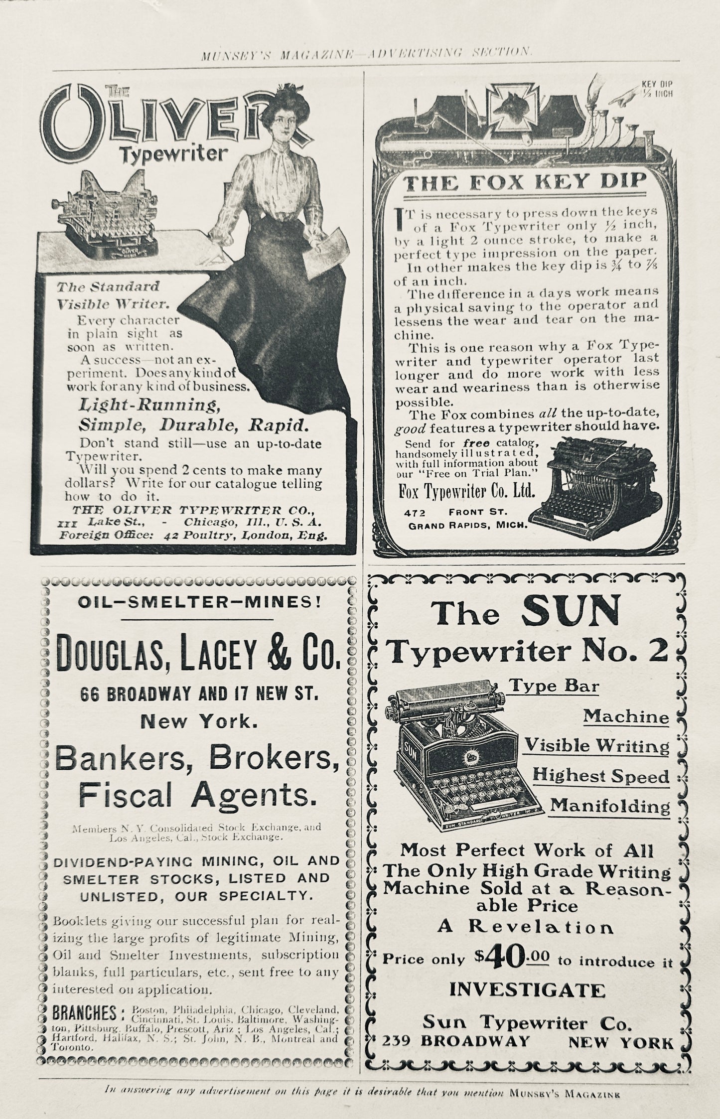 1902 Vintage Typewriter Ads - Oliver, Fox And Sun brands featured