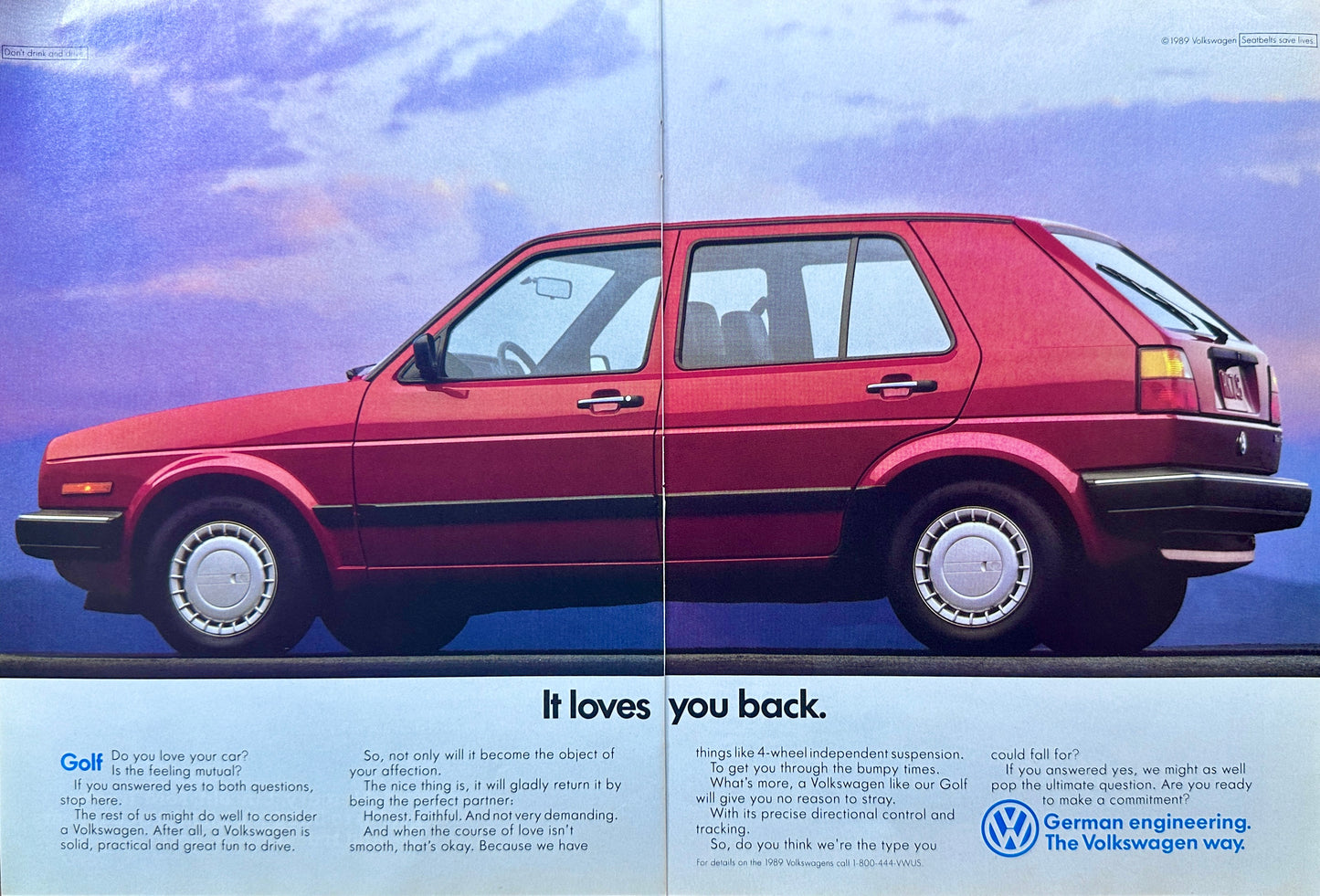 1989 2-Page Volkswagen Golf - It Loves you Back - Vintage Ad