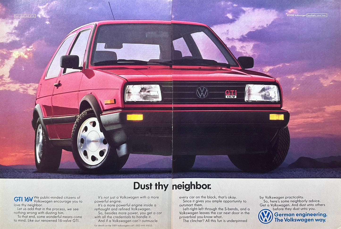 1989 2-Page Volkswagen GTI 16V Vintage Ad - Dust thy Neighbor