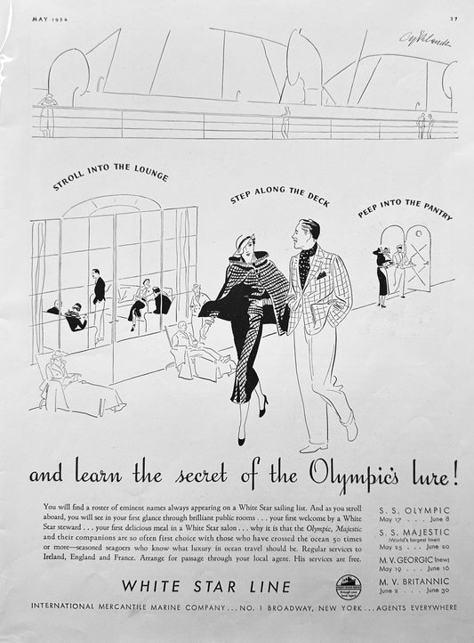 1934 White Star Line - Olympic, Majestic. Georgic & Britannic Ocean Liner Ad