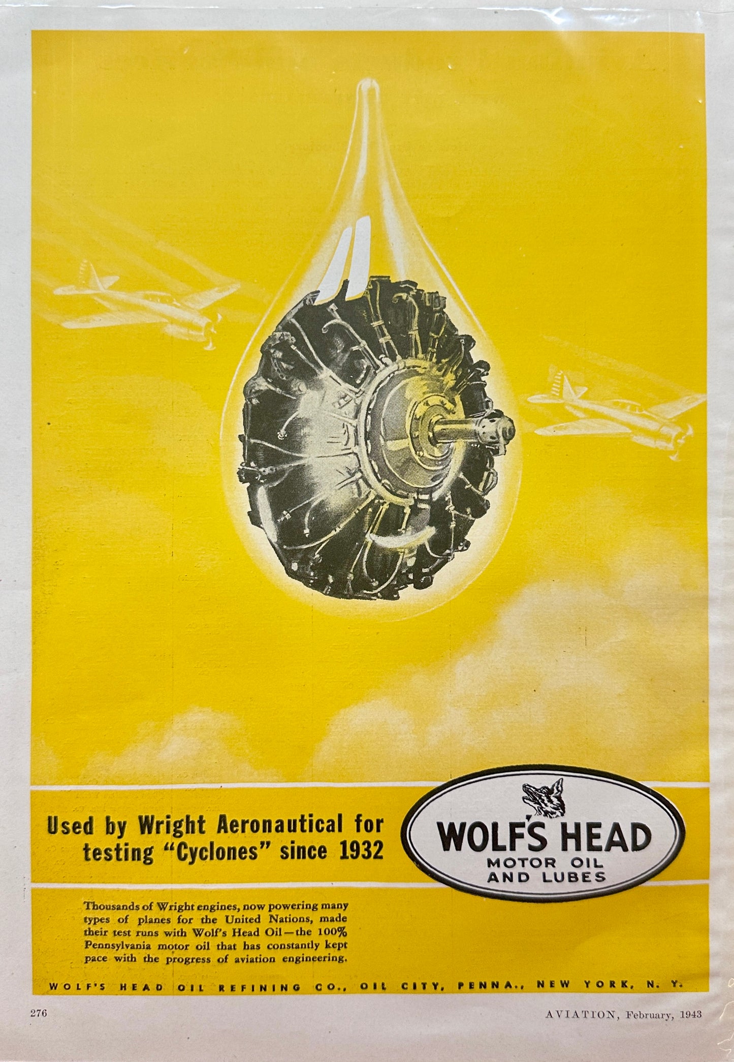 1943 Wolf's Head Motor Oil - Used on Wright "Cyclones" since 1932 - Ad