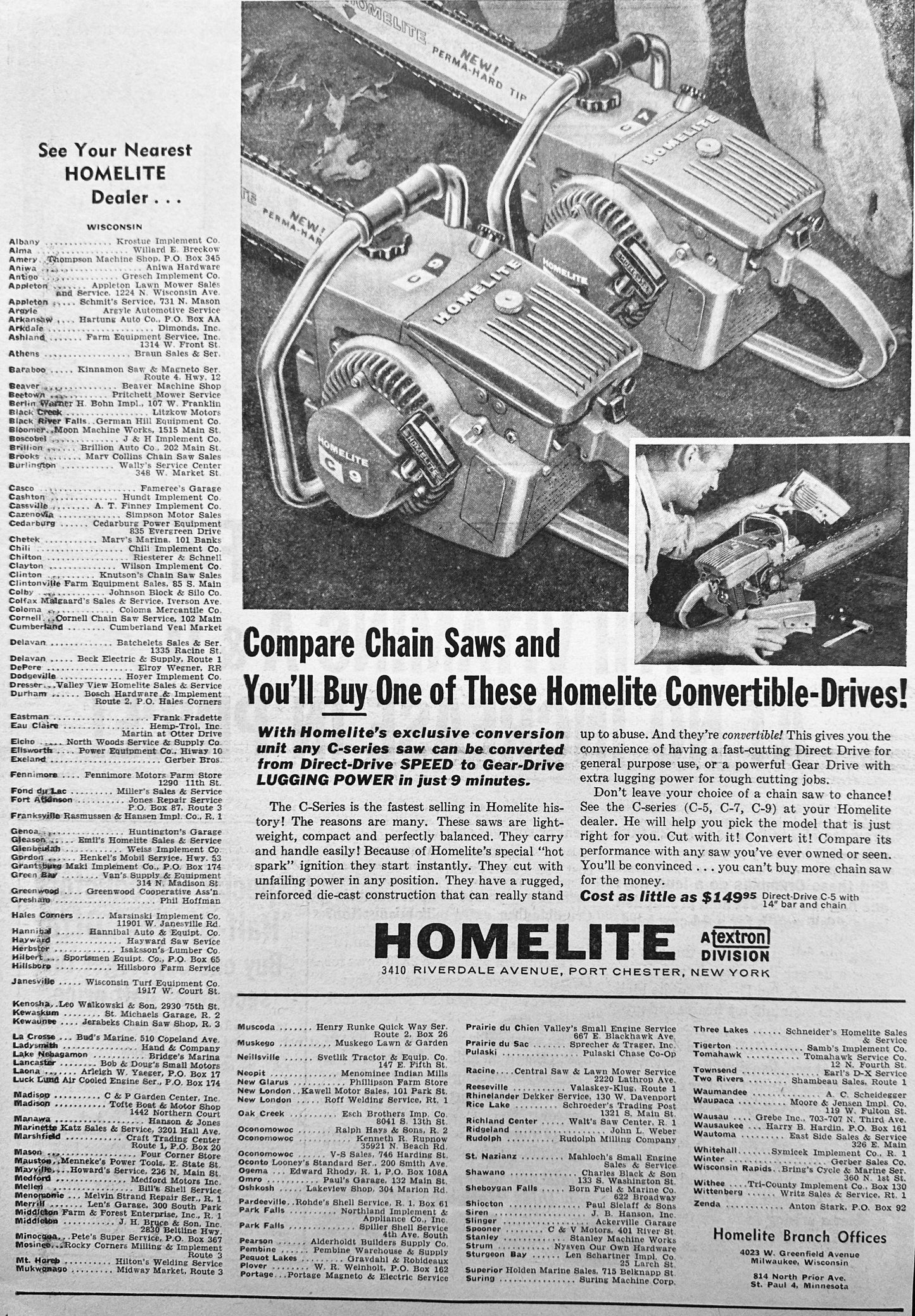 1963 Homelite C-Series Chainsaws - Listing of Wisconsin Dealers Vintage Ad