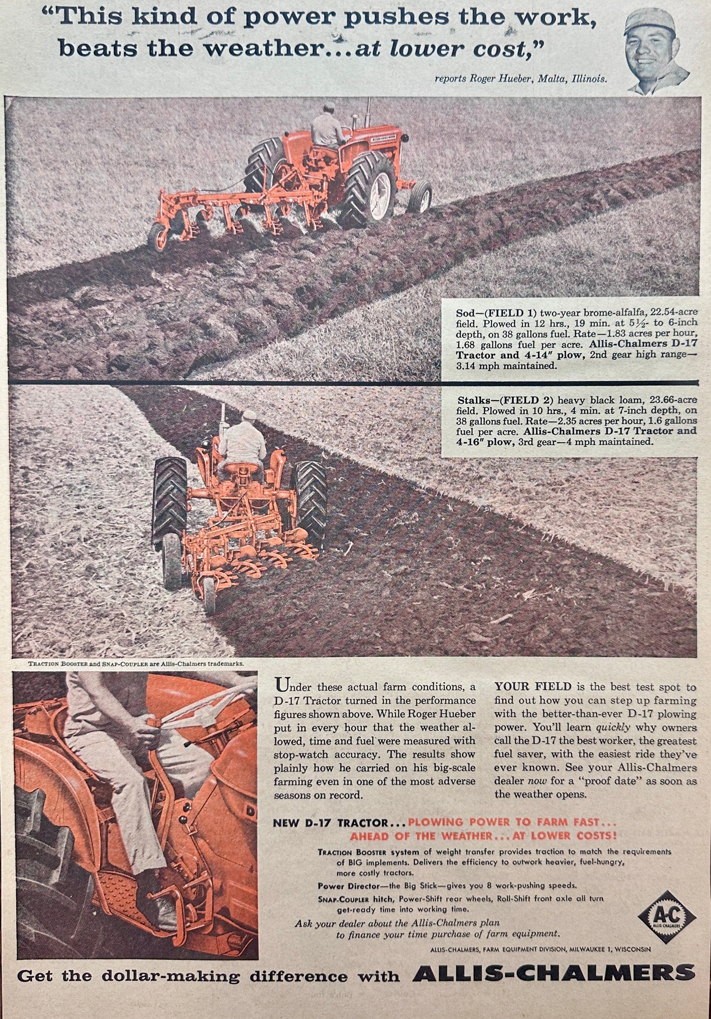 1961 Allis Chalmers D-17 Tractor - Plowing Power - Vintage Ad