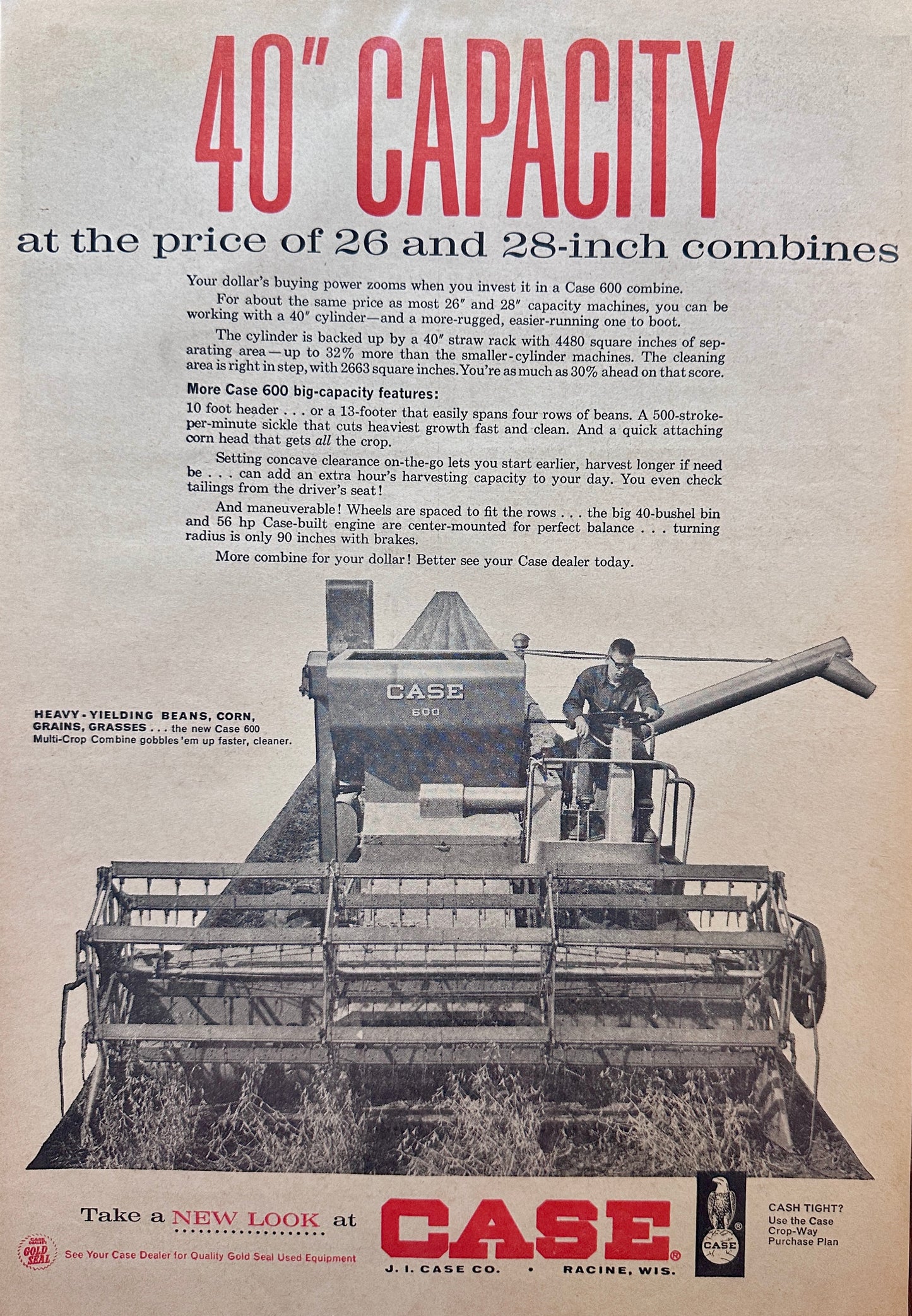 1962 Case 600 Combine 40" capacity - Vintage Ad