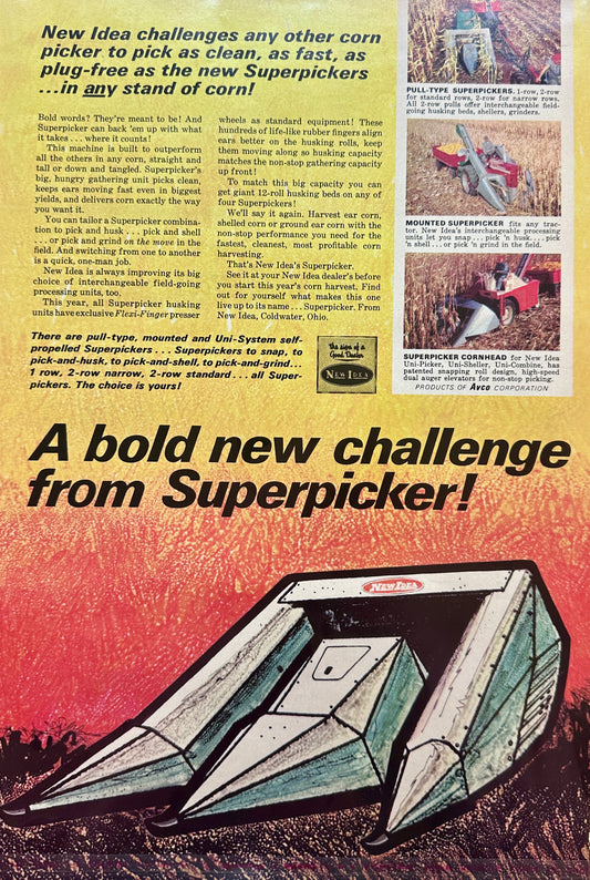 1964 New Idea Superpicker Corn Harvesting Implement Vintage Ad