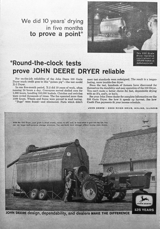 1962 John Deere Crop Dryer Round the Clock Reliability Vintage Ad