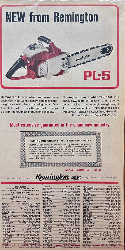 1965 Remington PL-5 Chain Saw - Listing of Wisconsin Disty's Vintage Ad