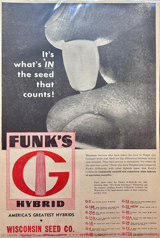 1960 Funk's G Hybrid Corn Seed- Vintage Ad - It's What IN the seed that counts!