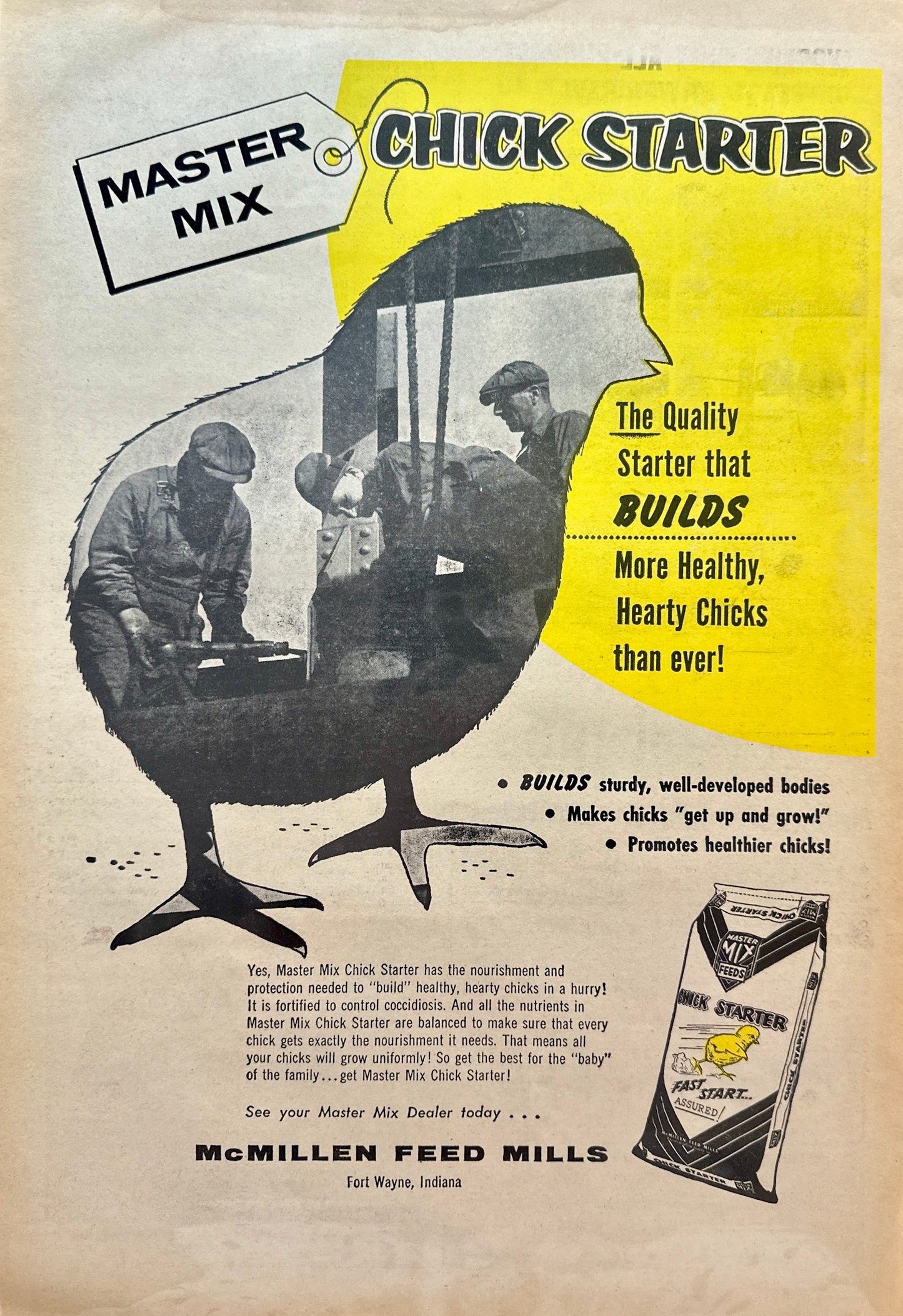 1958 Master Mix Feeds - Chick Starter - McMillen Feed Mills, Fort Wayne Vintage Ad