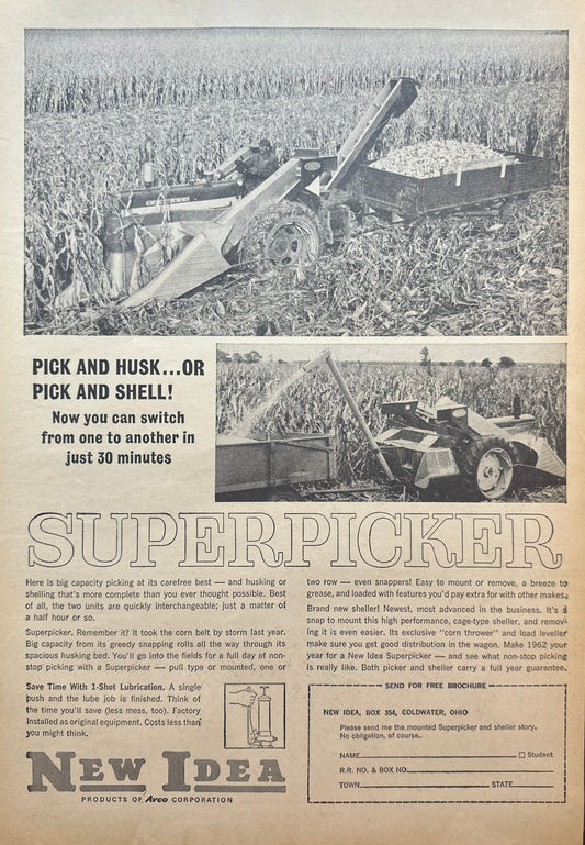 1962 New Idea Super Picker - Pick &Husk or Pick & Shell - Vintage Ad