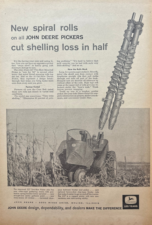 1962 John Deere 227 Two-Row Mounted Picker - Cut Shelling loss - Vintage Ad