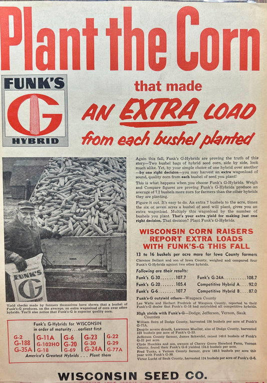 1958 Funk's G Hybrid Seed Corn 4 Varieties Listed Wisconsin Seed Co Vintage Ad