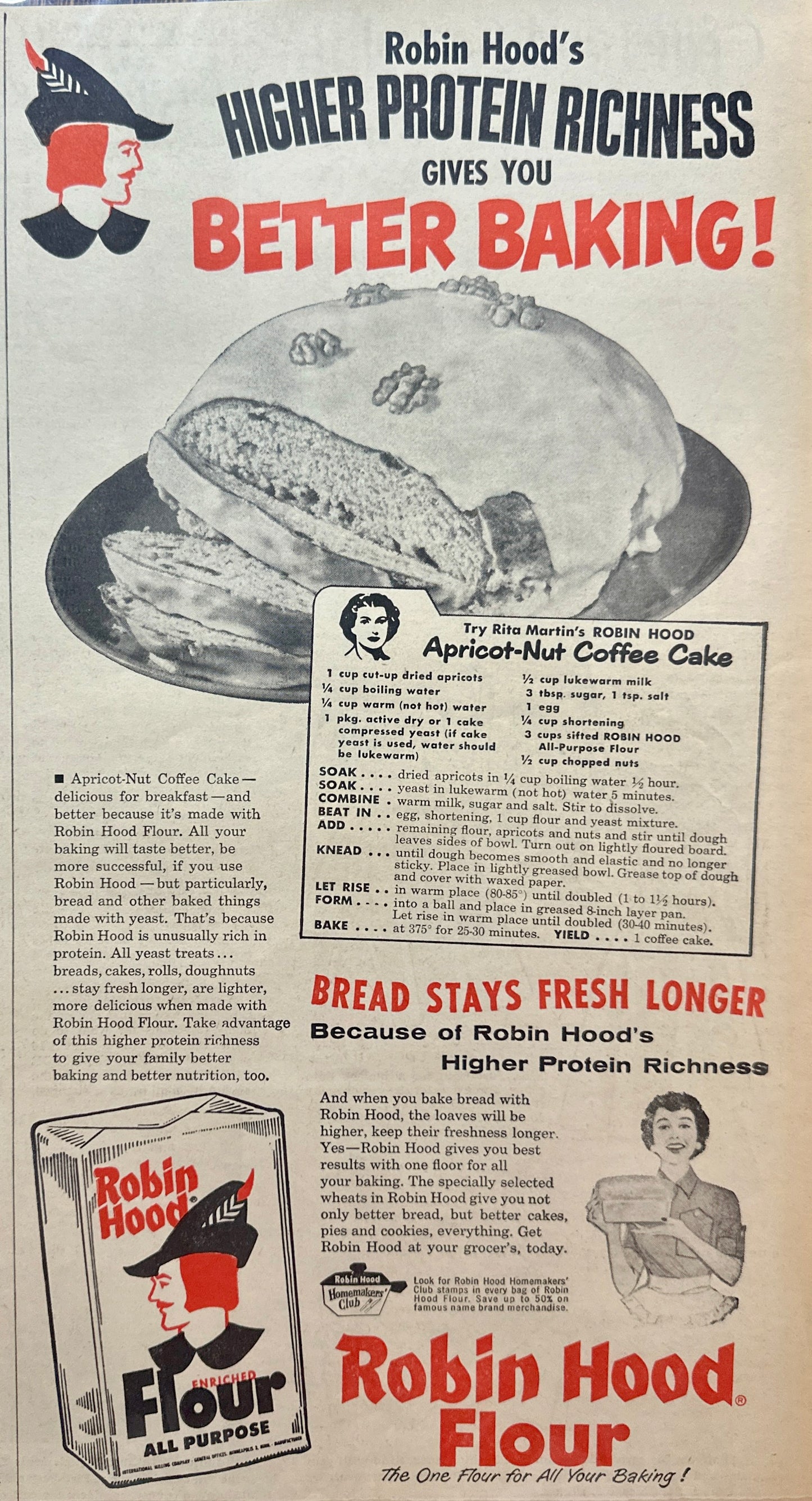 1958 Robin Hood Flour - Apricot Nut Coffee Cake Recipe - Vintage Ad