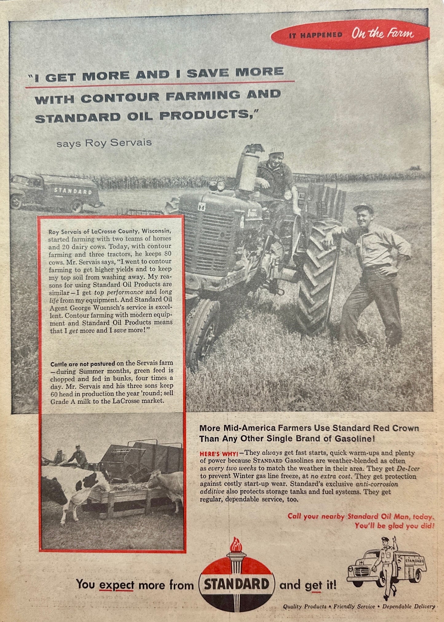 1958 Standard Red Crown Farm Gasoline Delivery & Farmall Tractor Vintage Ad