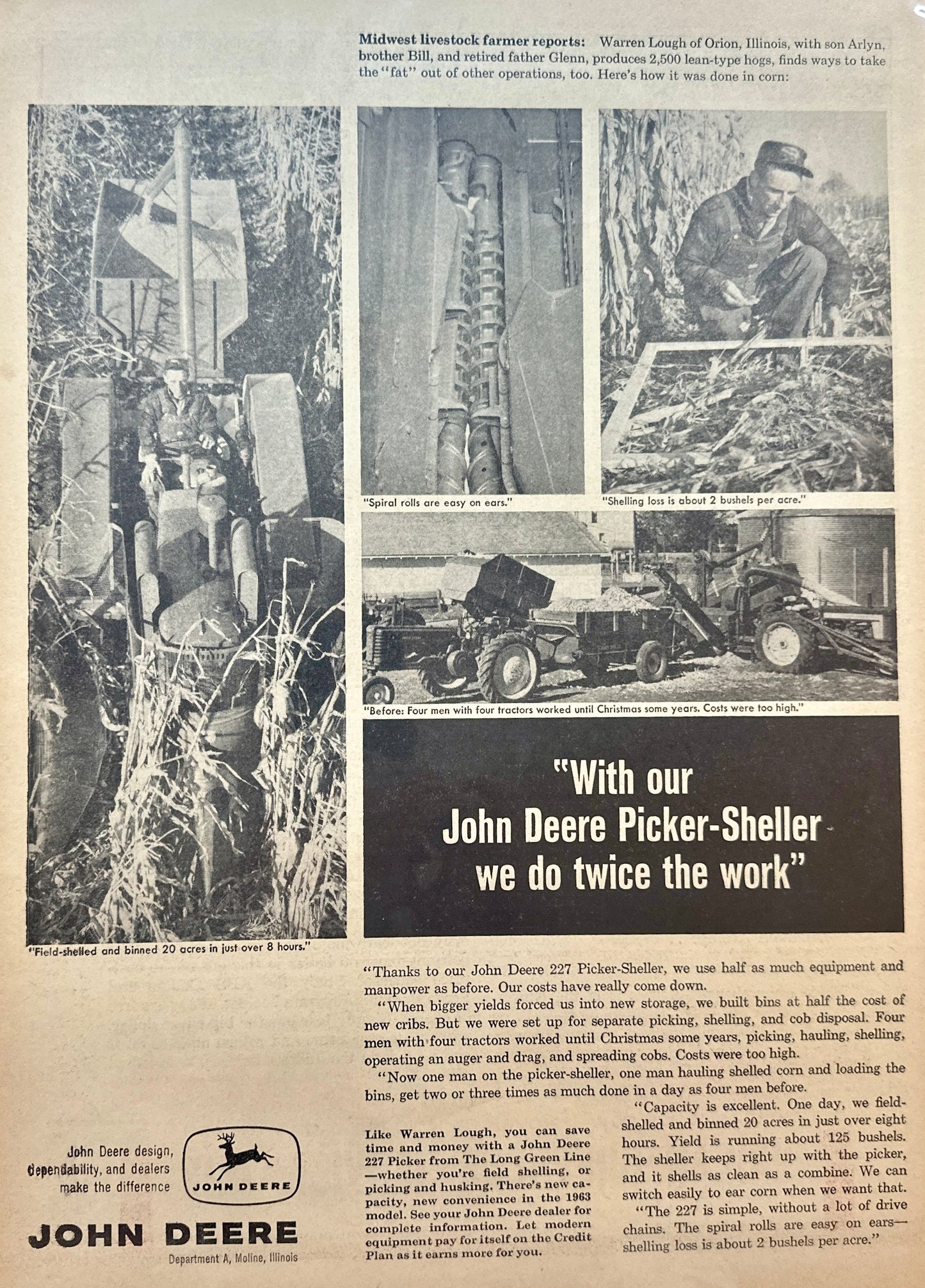 1962 John Deere 227 Picker-Sheller Does Twice the Work - Vintage Ad