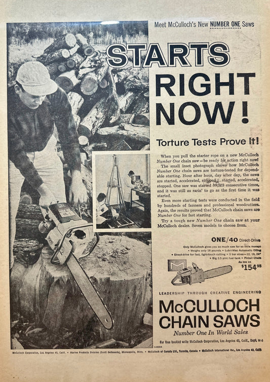 1959 McCulloch Chain Saws Starts Right Now! Vintage Ad