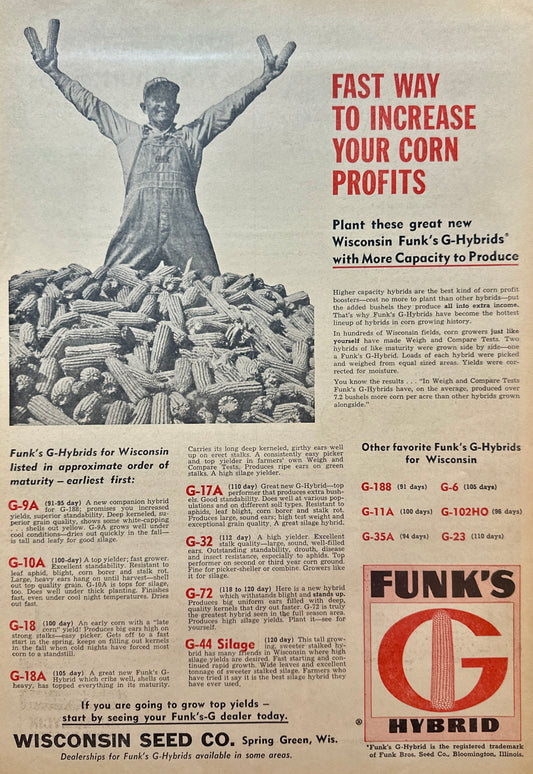 1962 Funk's G Hybrid Corn Seeds - 8 Varieties - Wisconsin Seed Co Vintage Ad