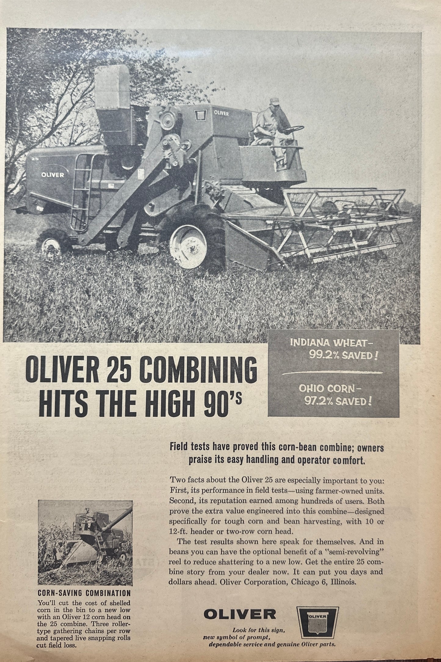 1963 Oliver 25 Combine - Hits the High 90's - Vintage Ad