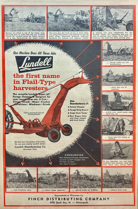 1958 Lundell Flail-Type Harvester - Finch Distributing Minneapolis Vintage Ad