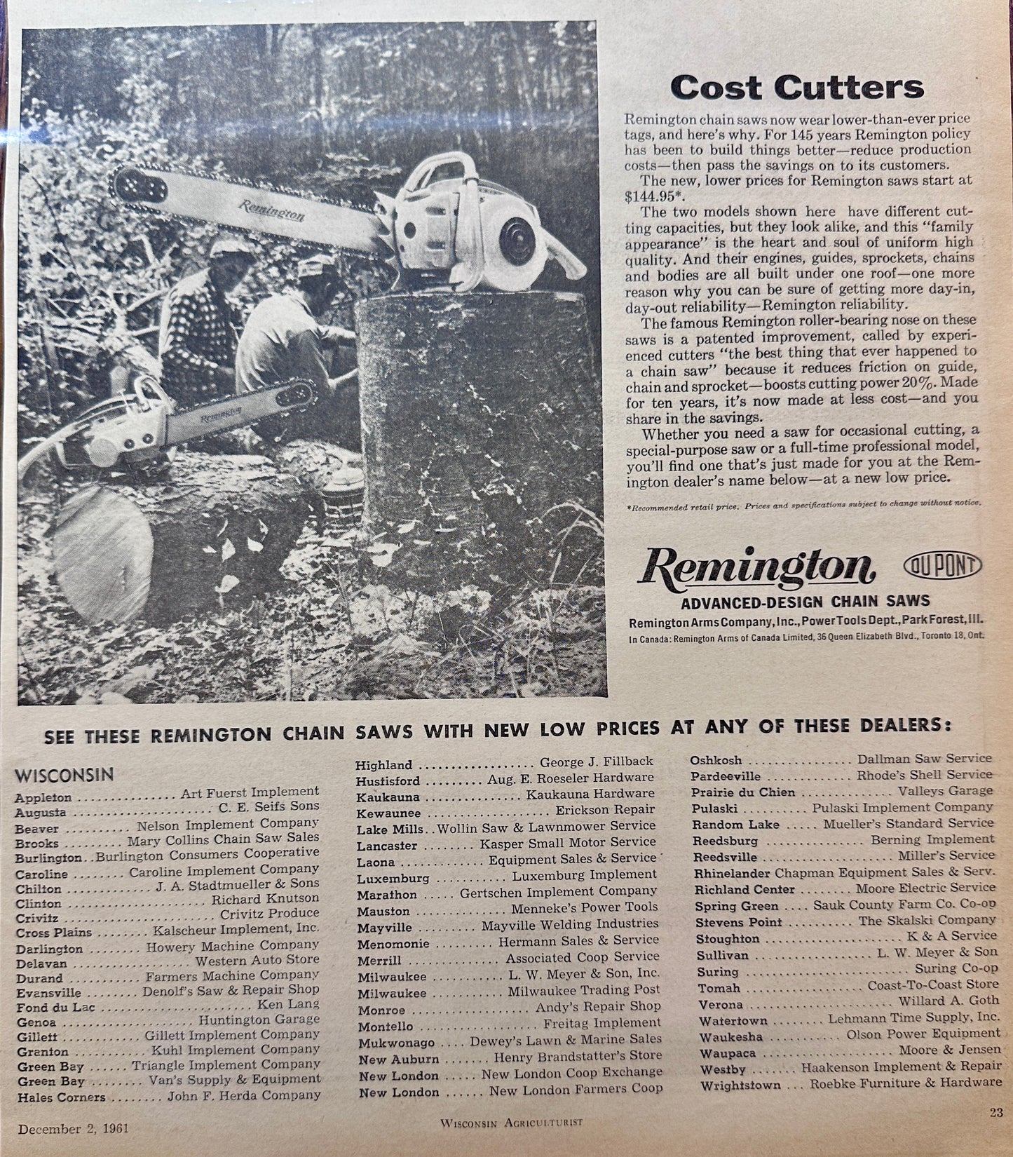 1961 Remington Advanced-Design Chain Saws - Wisconsin Dealerships - Vintage Ad