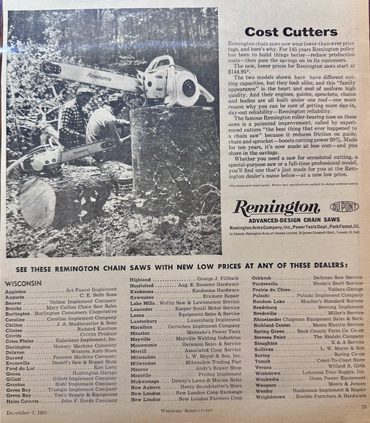 1961 Remington Advanced-Design Chain Saws - Wisconsin Dealerships - Vintage Ad