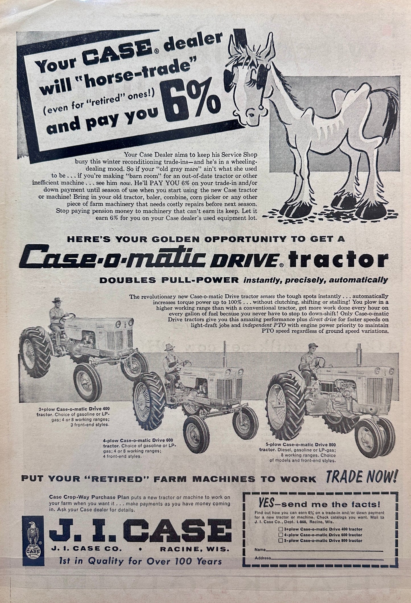 1958 Case - Case-O-Matic Drive Tractor 400, 600, 800 Vintage Ad