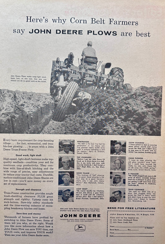 1959 John Deere Plows - Corn Belt Farmers Say Are Best - Vintage Ad