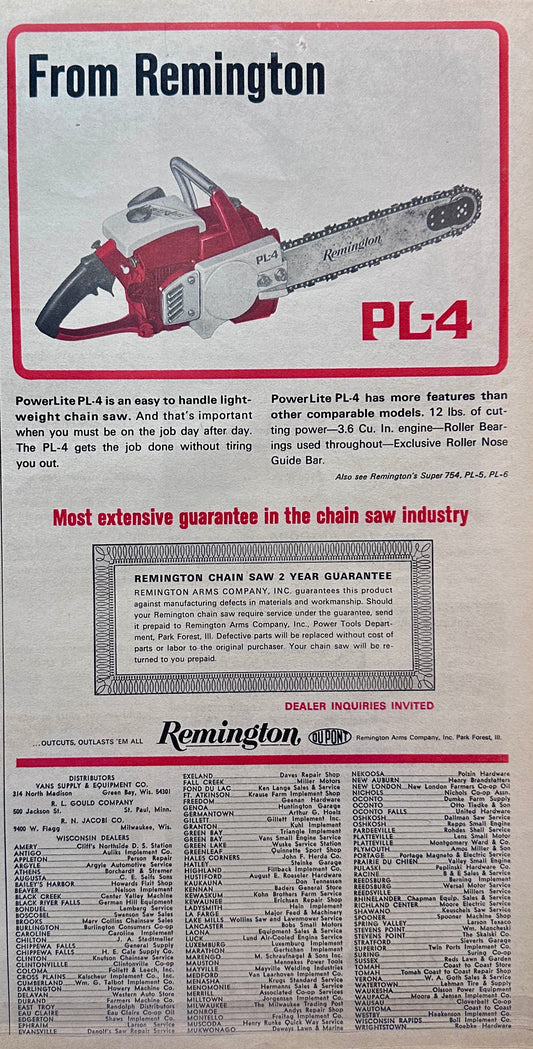 1965 Remington PowerLite PL-4 Chain Saw - Weighs only 12#'s - Vintage Ad