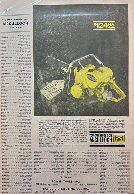 1962 McCulloch Chain Saw MAC 15 With Super-Mac Chain - Vintage Ad