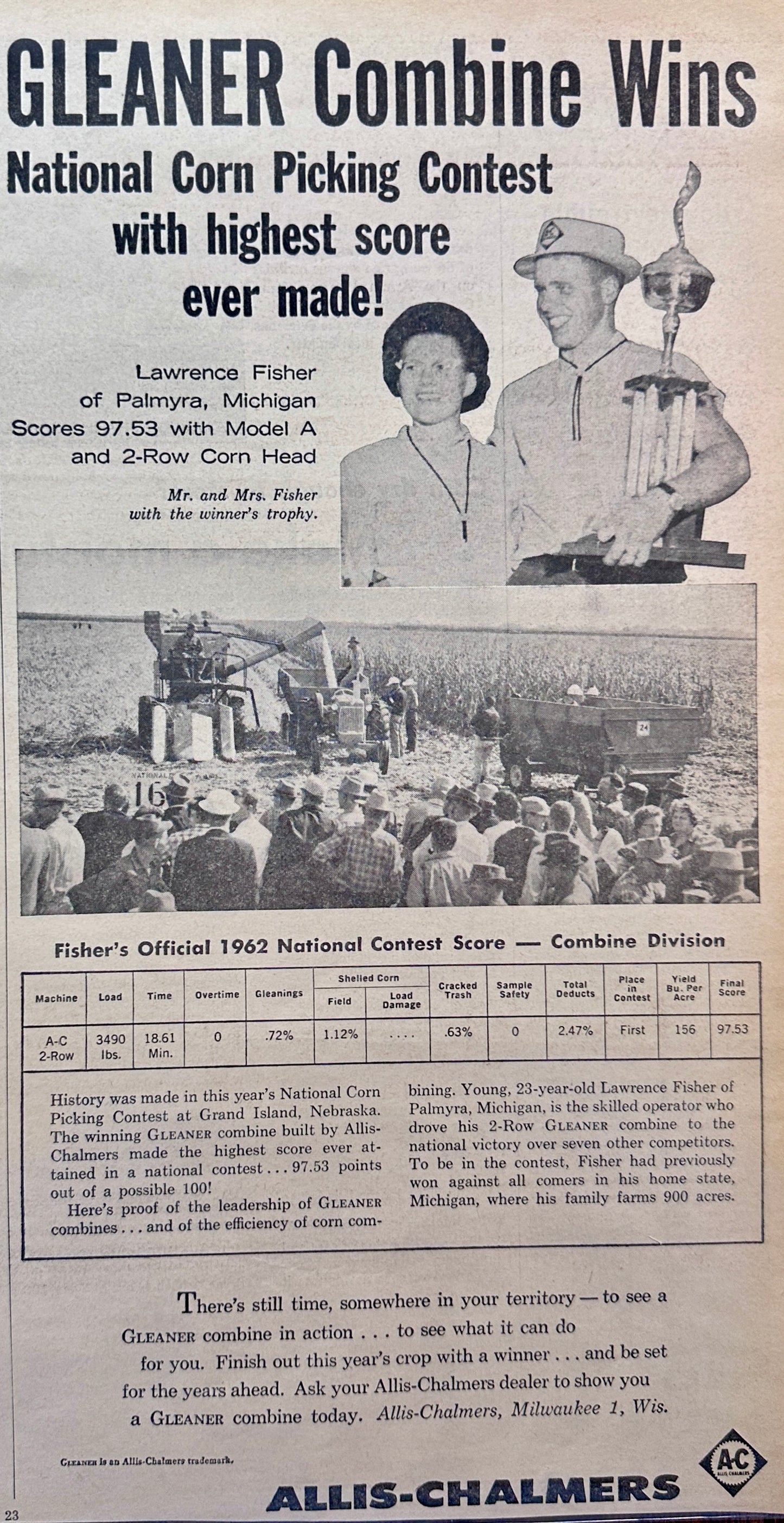 1962 Allis Chalmers Gleaner Combine Wins Championship - Vintage Ad