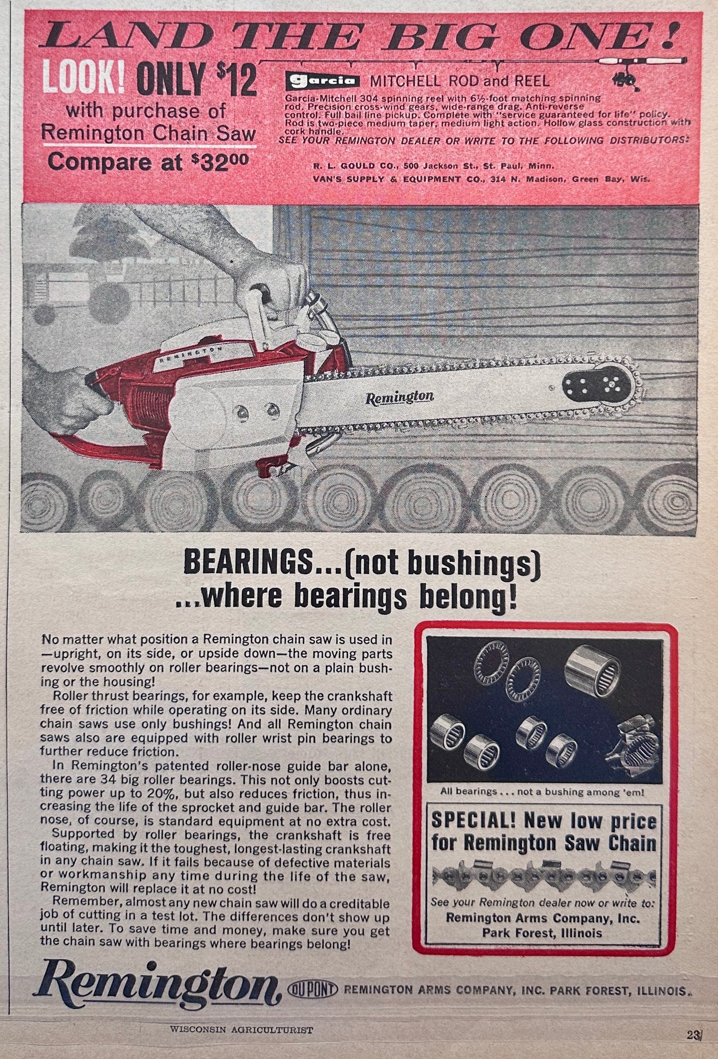 1964 Remington Chain Saw with Bearings (not bushings) Vintage Ad